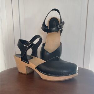 Swedish Hasbeens Black Leather Clogs with Wood Heel and Adjustable Ankle Strap